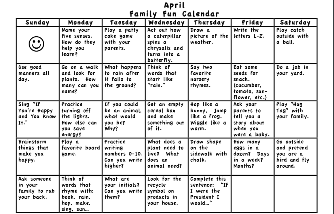 Image of April Family Fun Calendar